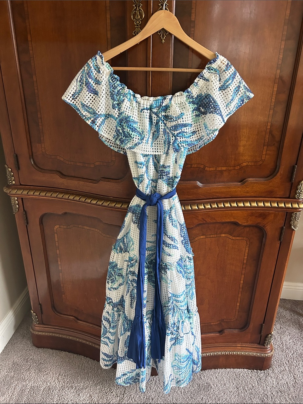 Lilly Pulitzer White and Blue Off-Shoulder Maxi Dress with Tassel Belt